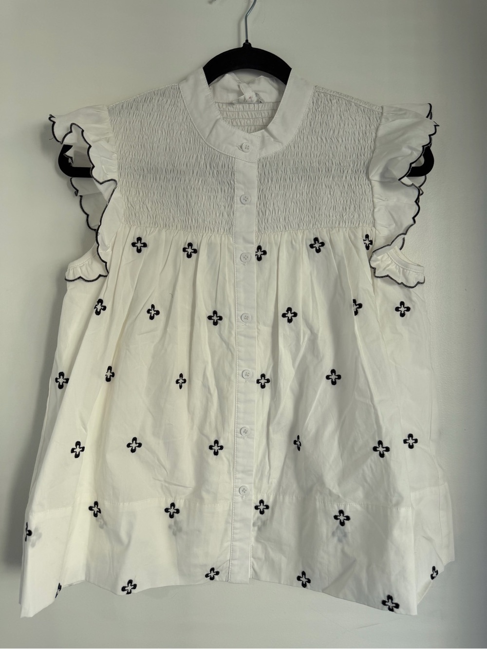 TCEC White Button-Front Flutter Sleeve Top with Black Embroidery